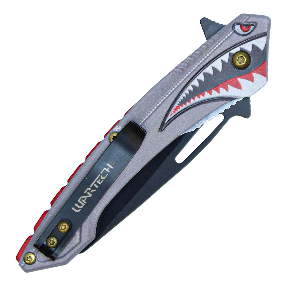 Assisted Open Folding Pocket Knife Gray with Flying Shark Design view 4